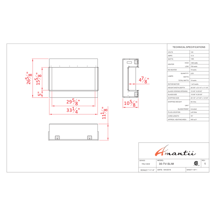 Amantii Tru-View Series - 30" Slim Smart Electric Fireplace