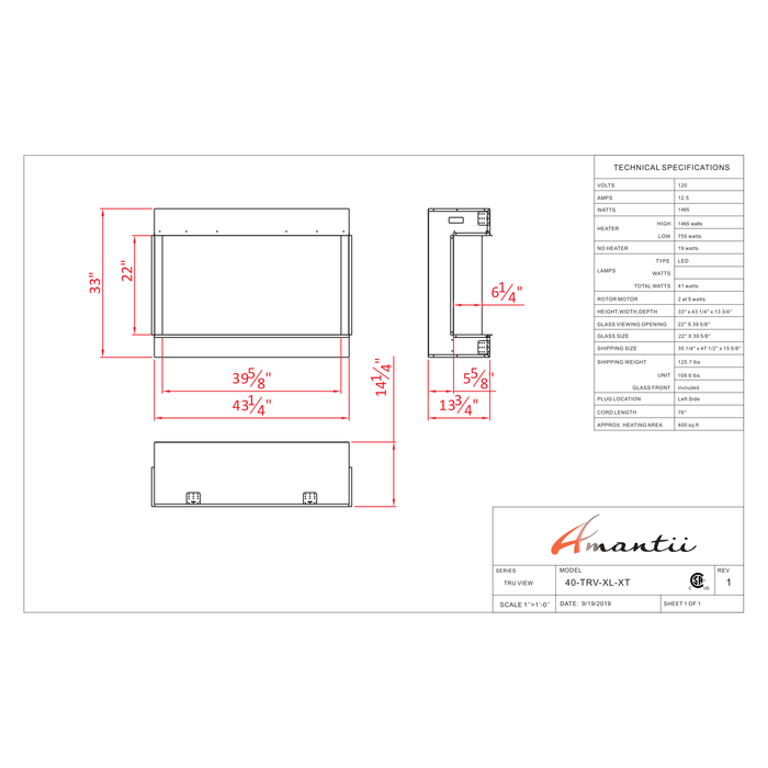 Amantii Tru-View Series - 40" XT XL Smart Electric Fireplace