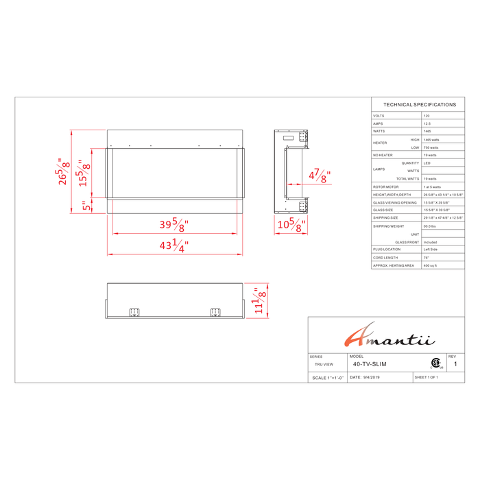 Amantii Tru-View Series - 40" Slim Smart Electric Fireplace