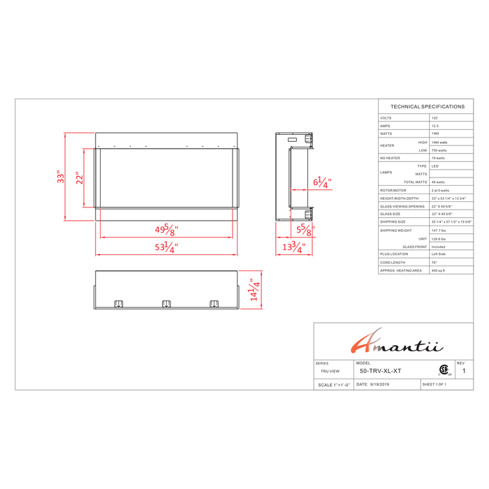 Amantii Tru-View Series - 50" XT XL Smart Electric Fireplace