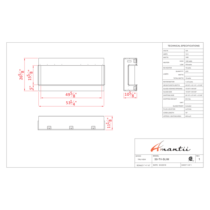 Amantii Tru-View Series - 50" Slim Smart Electric Fireplace