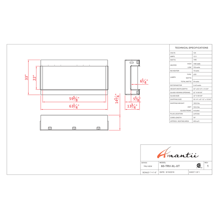 Amantii Tru-View Series - 60" XT XL Smart Electric Fireplace