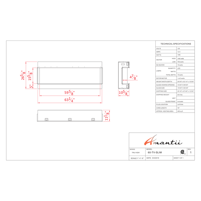 Amantii Tru-View Series - 60" Slim Smart Electric Fireplace