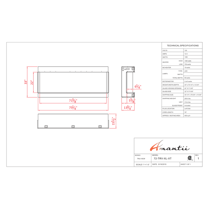 Amantii Tru-View Series - 72" XT XL Smart Electric Fireplace