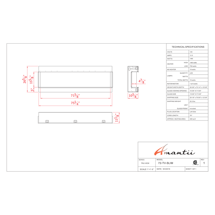 Amantii Tru-View Series - 72" Slim Smart Electric Fireplace