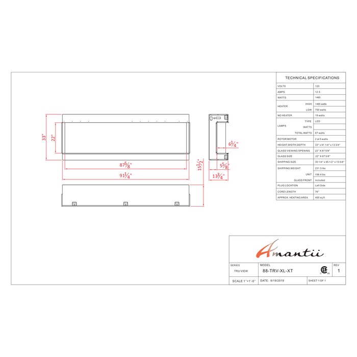 Amantii Tru-View Series - 88" XT XL Smart Electric Fireplace