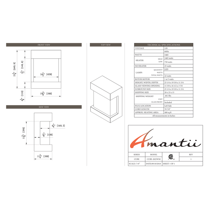 Amantii Freestand Series - Cube 2025WM Lumina Electric Fireplace