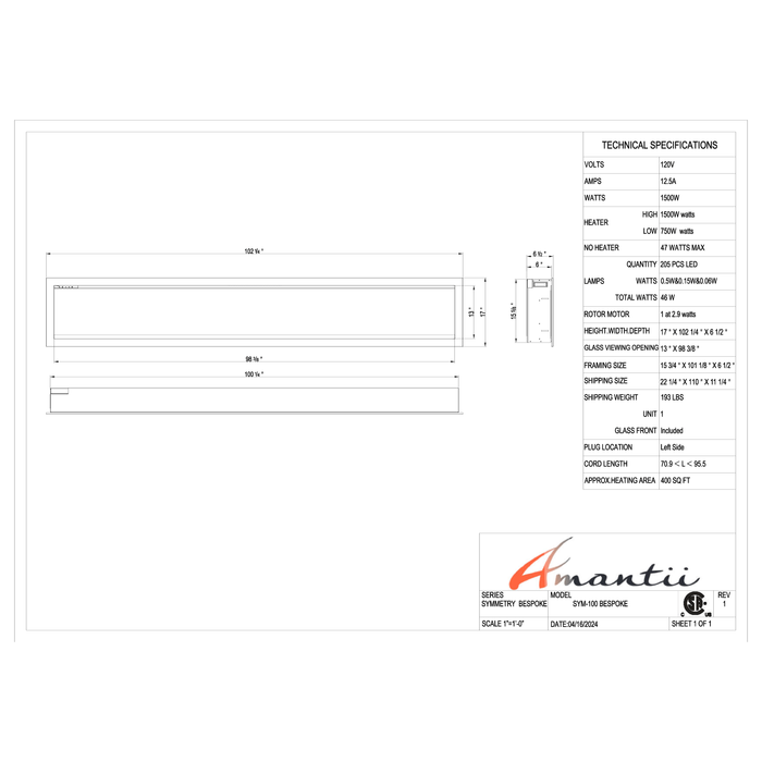 Amantii Symmetry Series - 100" Bespoke Electric Fireplace