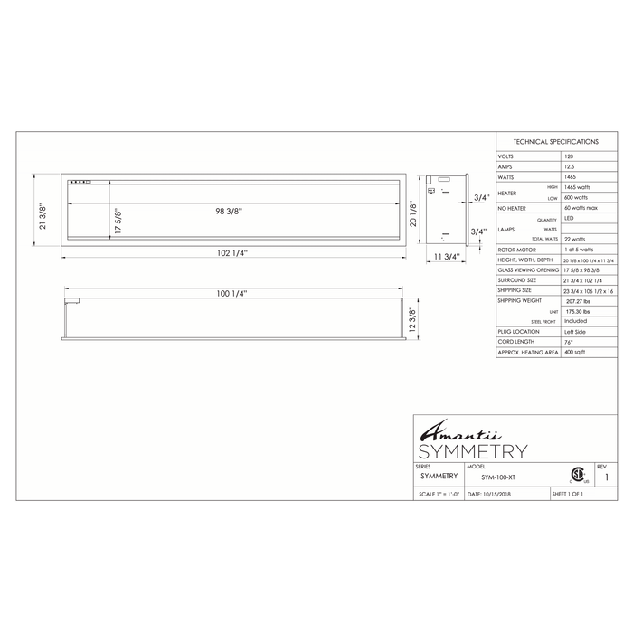 Amantii Symmetry Series - 100" Symmetry Smart XT Electric Fireplace