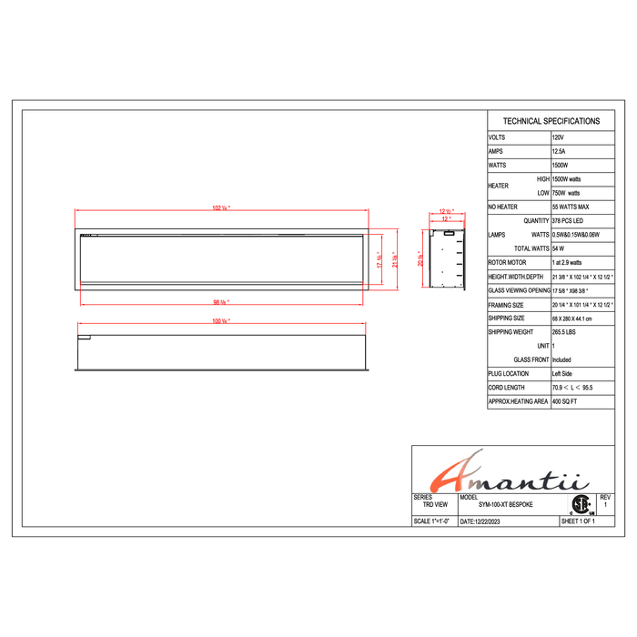 Amantii Symmetry Series - 100" XT Bespoke Electric Fireplace