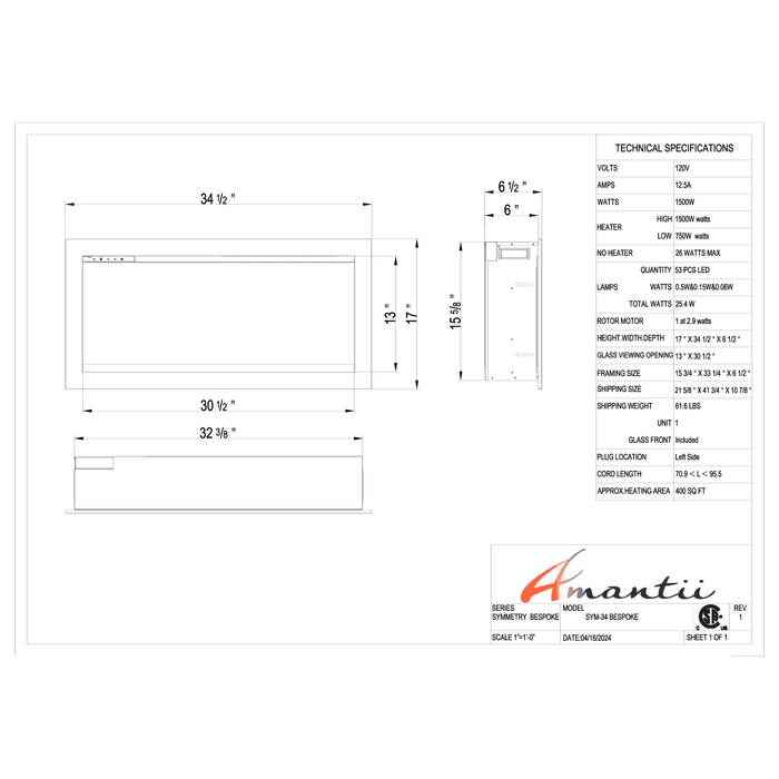 Amantii Symmetry Series - 34" Bespoke Electric Fireplace