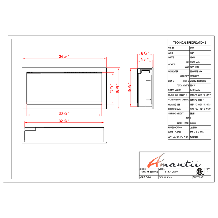 Amantii Symmetry Series - 34" Lumina Electric Fireplace