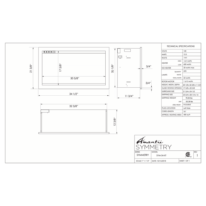 Amantii Symmetry Series - 34" Symmetry Smart XT Electric Fireplace