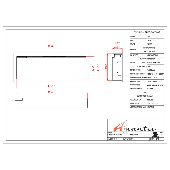 Amantii Symmetry Series - 42" Lumina Electric Fireplace