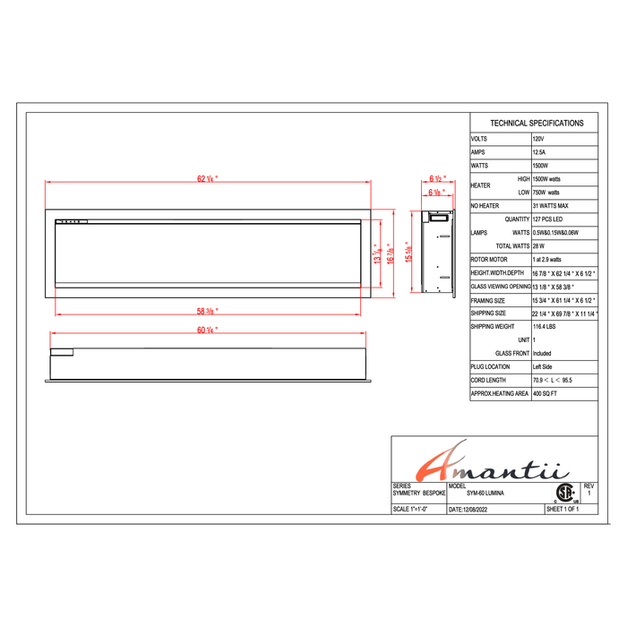 Amantii Symmetry Series - 60" Lumina Electric Fireplace