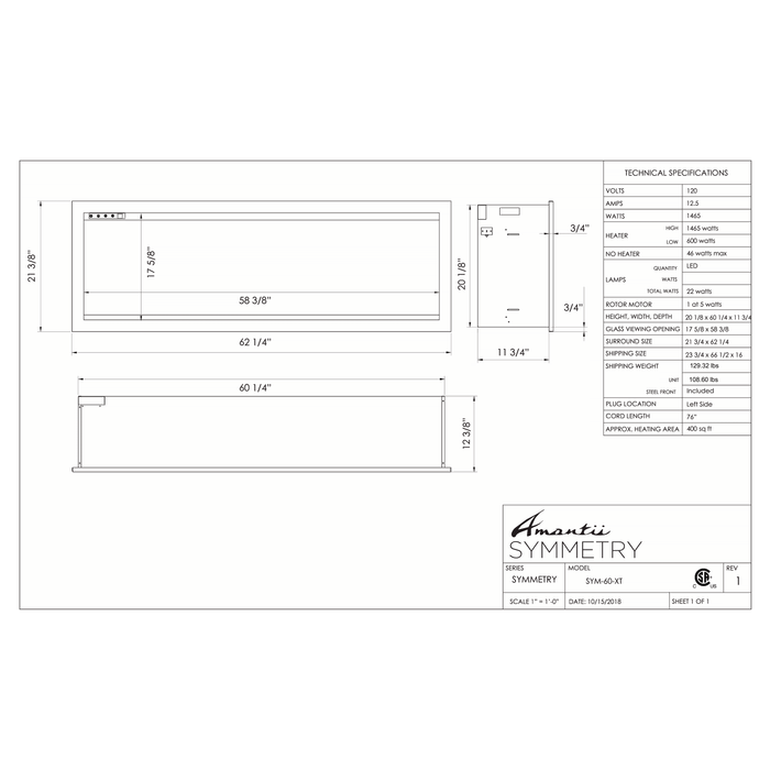 Amantii Symmetry Series - 60" Symmetry Smart XT Electric Fireplace