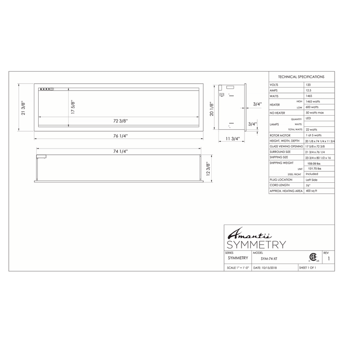 Amantii Symmetry Series - 74" Symmetry Smart XT Electric Fireplace