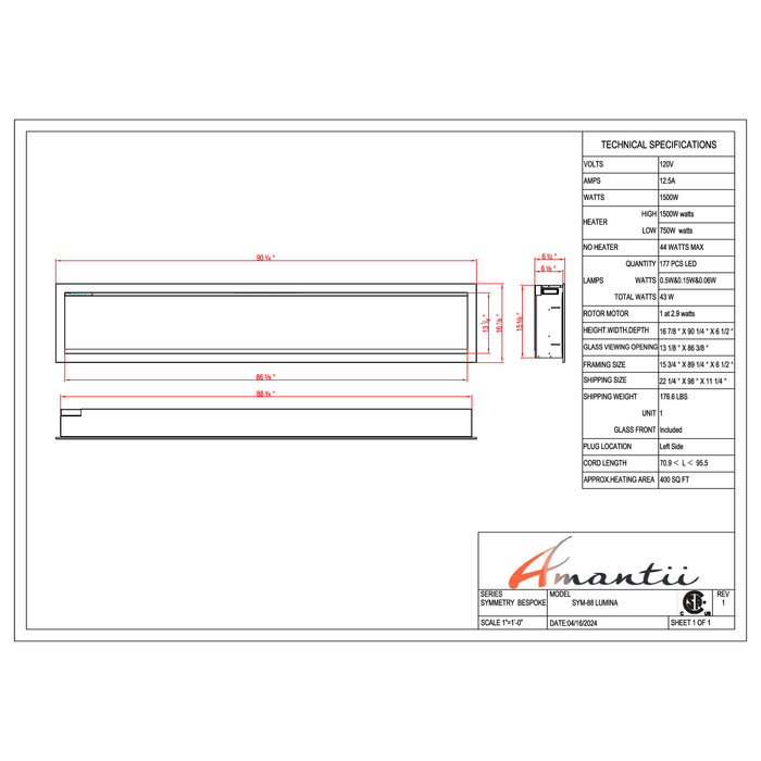 Amantii Symmetry Series - 88" Lumina Electric Fireplace