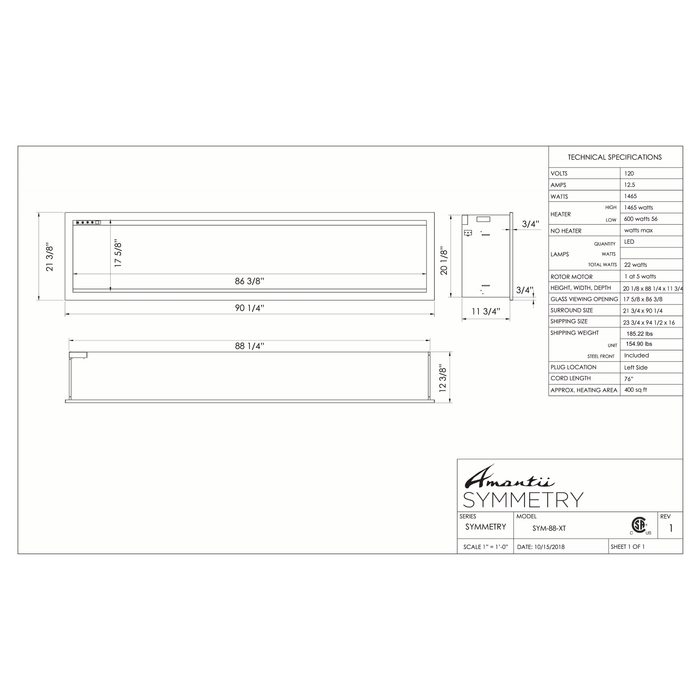 Amantii Symmetry Series - 88" Symmetry Smart XT Electric Fireplace