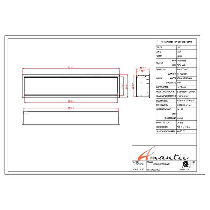 Amantii Symmetry Series - 88" XT Bespoke Electric Fireplace