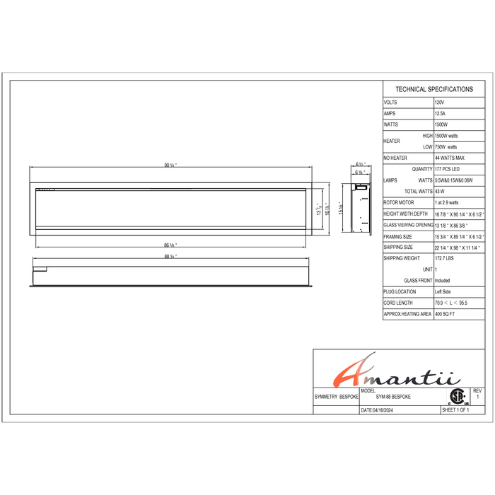 Amantii Symmetry Series - 88" Bespoke Electric Fireplace