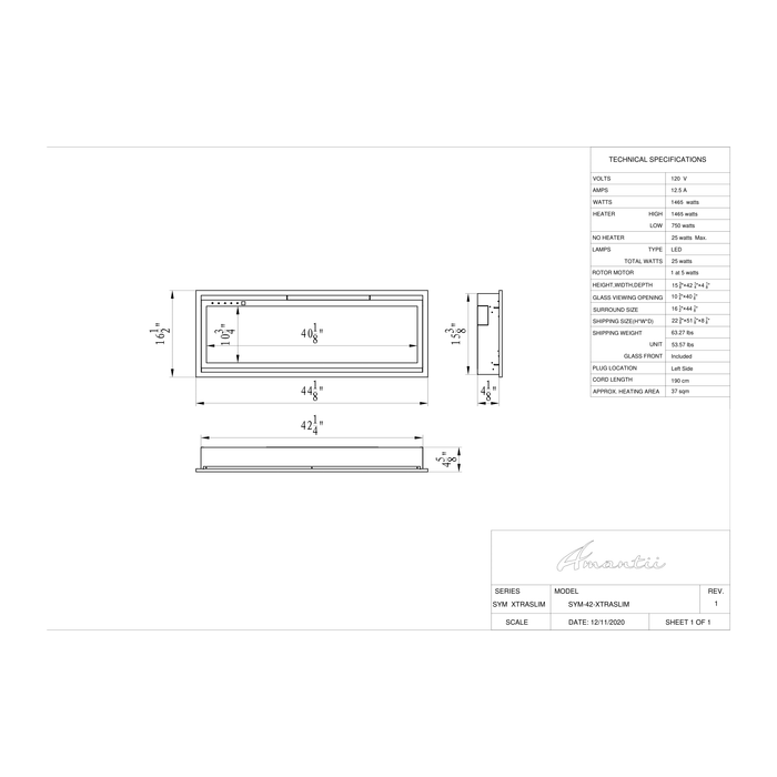 Amantii Symmetry Series - 42" Symmetry Xtra Slim Smart Electric Fireplace