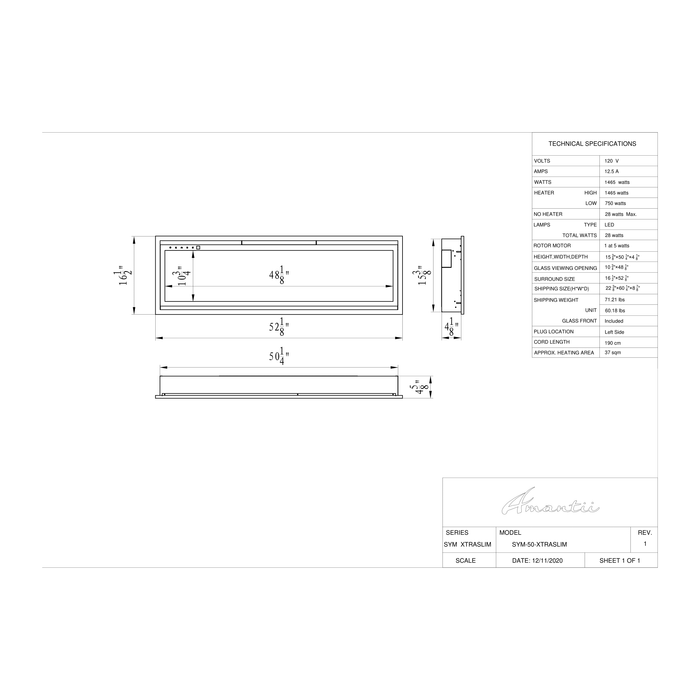 Amantii Symmetry Series - 50" Symmetry Xtra Slim Smart Electric Fireplace