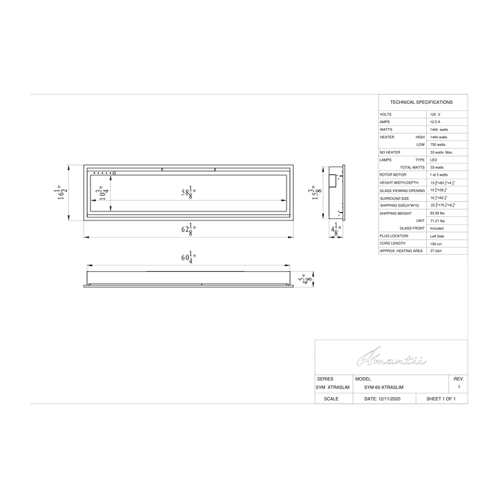 Amantii Symmetry Series - 60" Symmetry Xtra Slim Smart Electric Fireplace