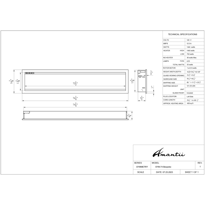 Amantii Symmetry Series - 74" Bespoke Electric Fireplace