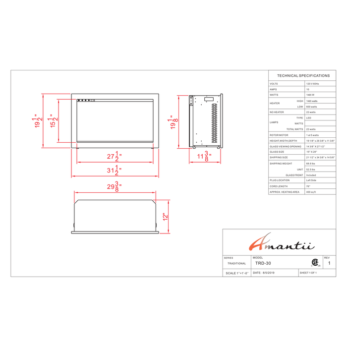 Amantii Insert Series - 30" Traditional Smart Electric Fireplace