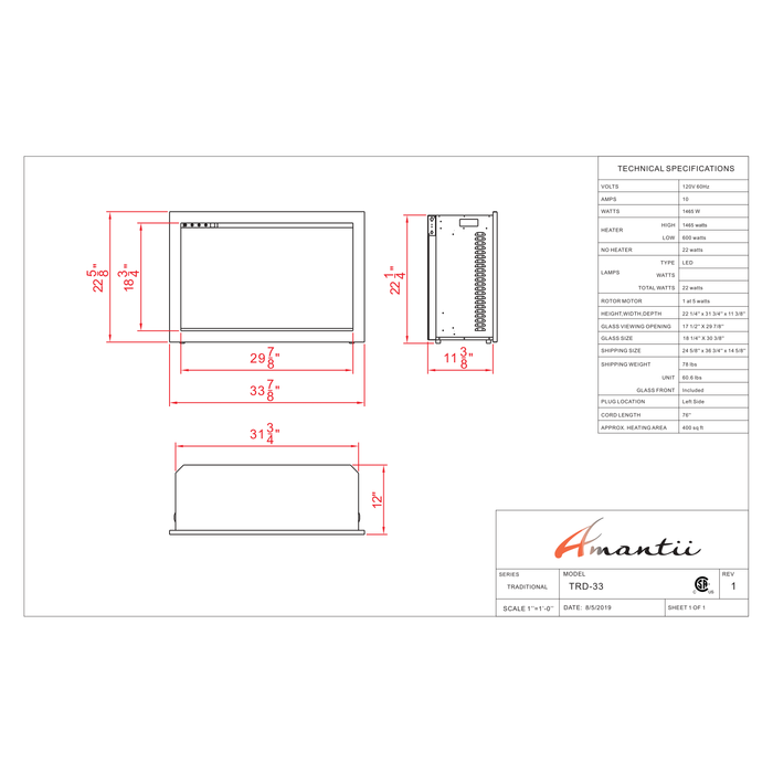 Amantii Traditional Series - 33" Traditional Smart Electric Fireplace