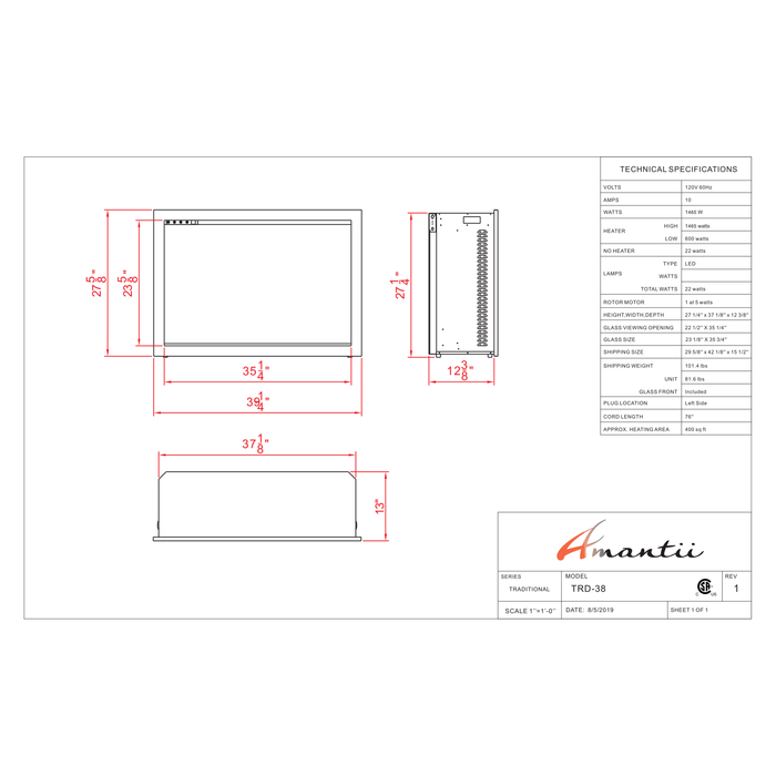 Amantii Insert Series - 38" Traditional Smart Electric Fireplace