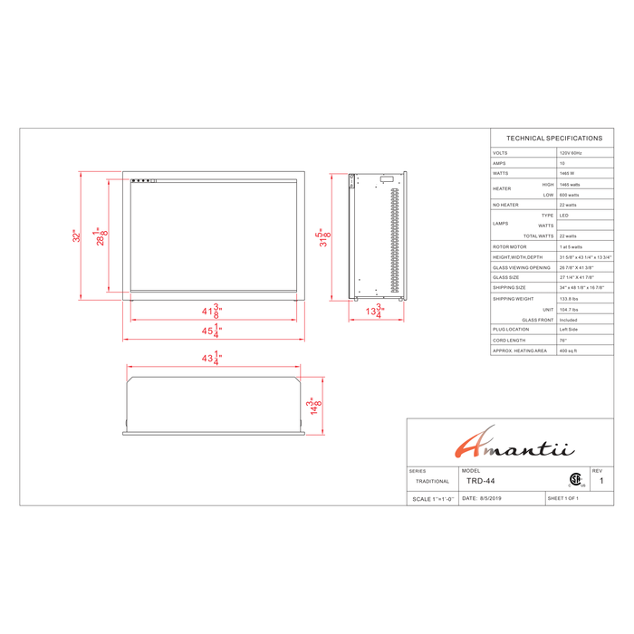 Amantii Traditional Series - 44" Traditional Smart Electric Fireplace