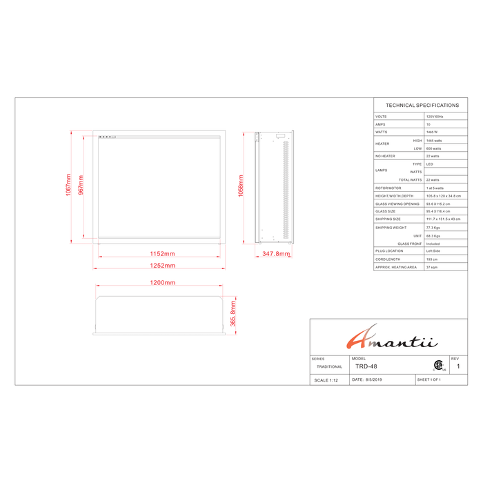 Amantii Traditional Series - 48" Traditional Smart Electric Fireplace