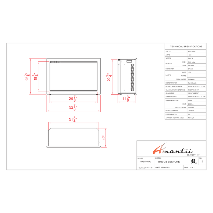 Amantii Insert Series - 33" Bespoke Smart Electric Fireplace