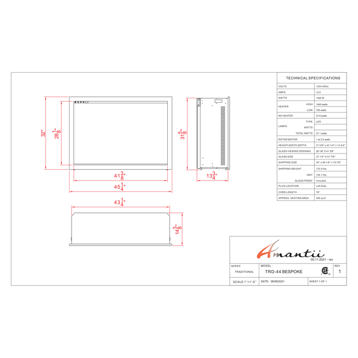 Amantii Traditional Series Bespoke 44" Electric Fireplace