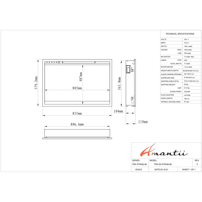 Amantii Traditional Series - Xtraslim Smart 33" Electric Fireplace