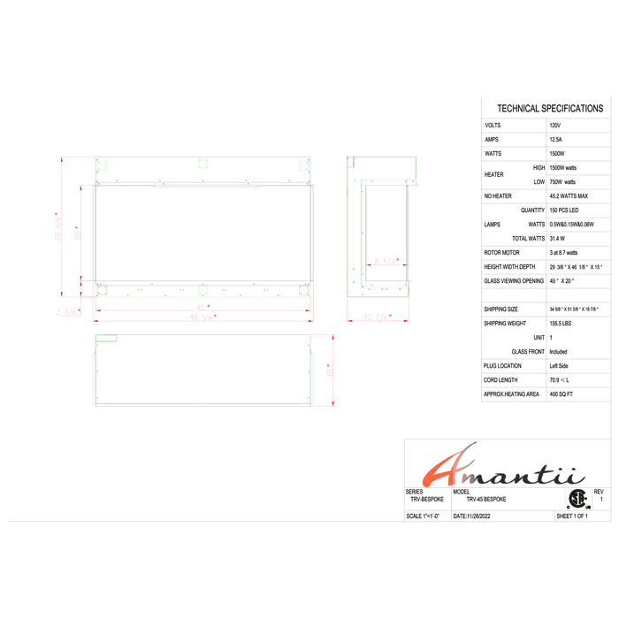 Amantii Tru-View Series - 45" Tru-View Bespoke Electric Fireplace