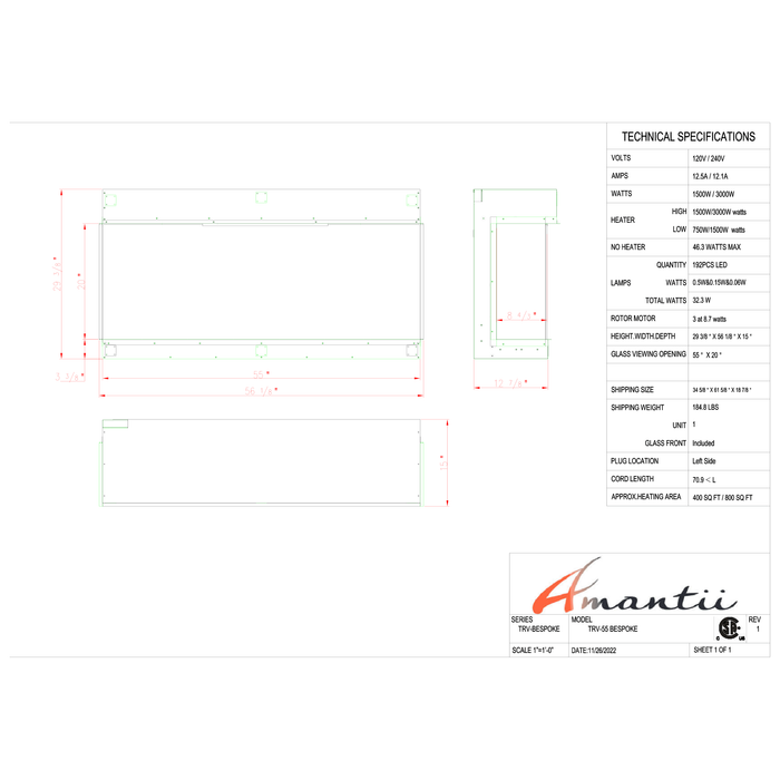 Amantii Tru-View Series - 55" Tru-View Bespoke Electric Fireplace