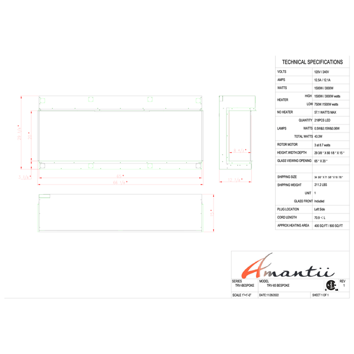 Amantii Tru-View Series - 65" Tru-View Bespoke Electric Fireplace