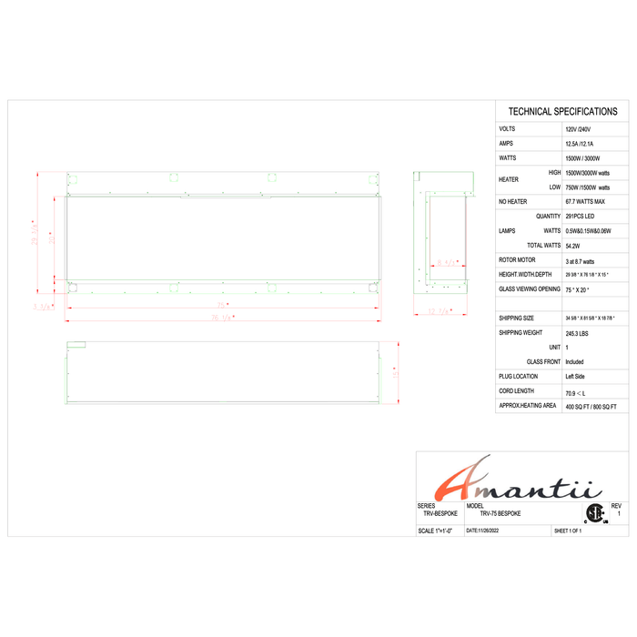 Amantii Tru-View Series - 75" Tru-View Bespoke Electric Fireplace