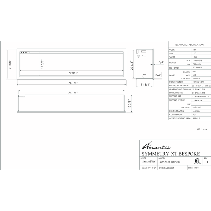 Amantii Symmetry Series - 74" XT Bespoke Electric Fireplace