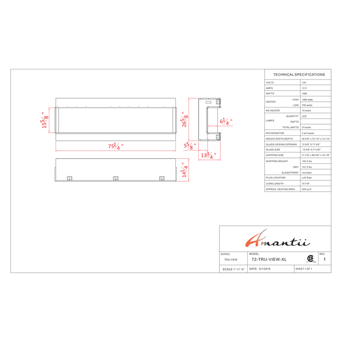 Amantii Tru-View Series - 72" XL Deep Smart Electric Fireplace